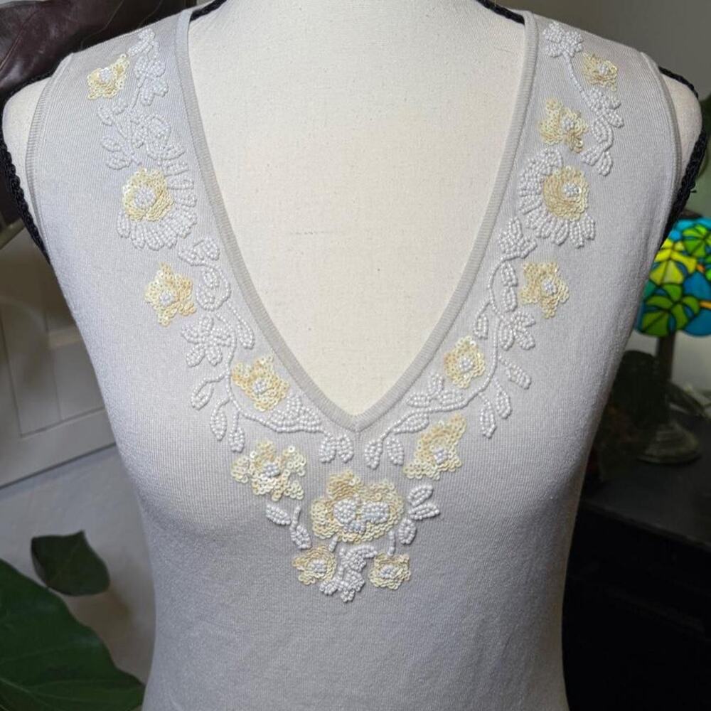 Y2K Ann Taylor Silk Blend Beaded Floral Tank Top Cream Medium